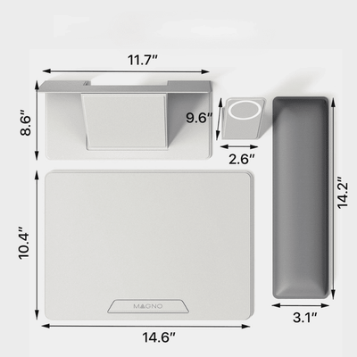 A product dimension diagram showing a wall-mounted bathroom vanity tray set with measurements in inches. The set includes a large rectangular tray, a smaller square tray, and a tall narrow tray, with arrows and labels indicating dimensions such as 14.