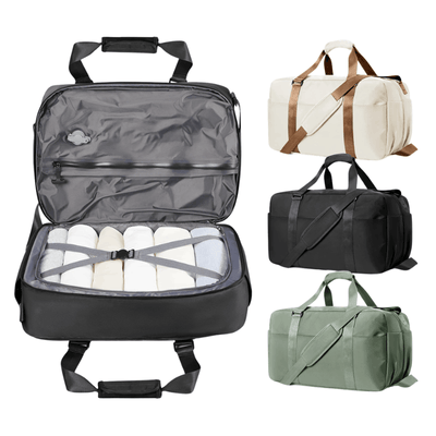 An open gray carry-on bag with white folded items inside is shown on a white background, alongside three smaller closed views in cream, black, and sage green. The main product view is the open gray bag, and no person, animal, or real environment is present.