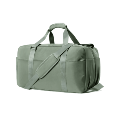 An olive green duffel bag with dual top handles and a detachable shoulder strap, shown on a plain white background.