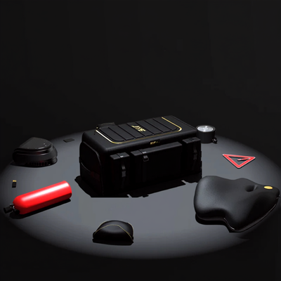 A black rugged protective case with gold accents is displayed on a dark circular platform with several accessories arranged around it, including a red cylindrical item, black pouches, and a small red triangular tag. The scene is lit dramatically against a black background.