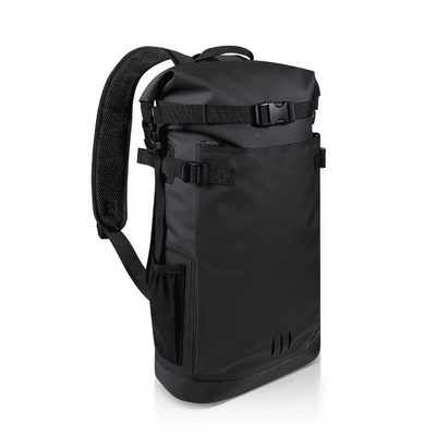 A black waterproof roll-top backpack with a padded shoulder strap, shown from a three-quarter angle on a white background.