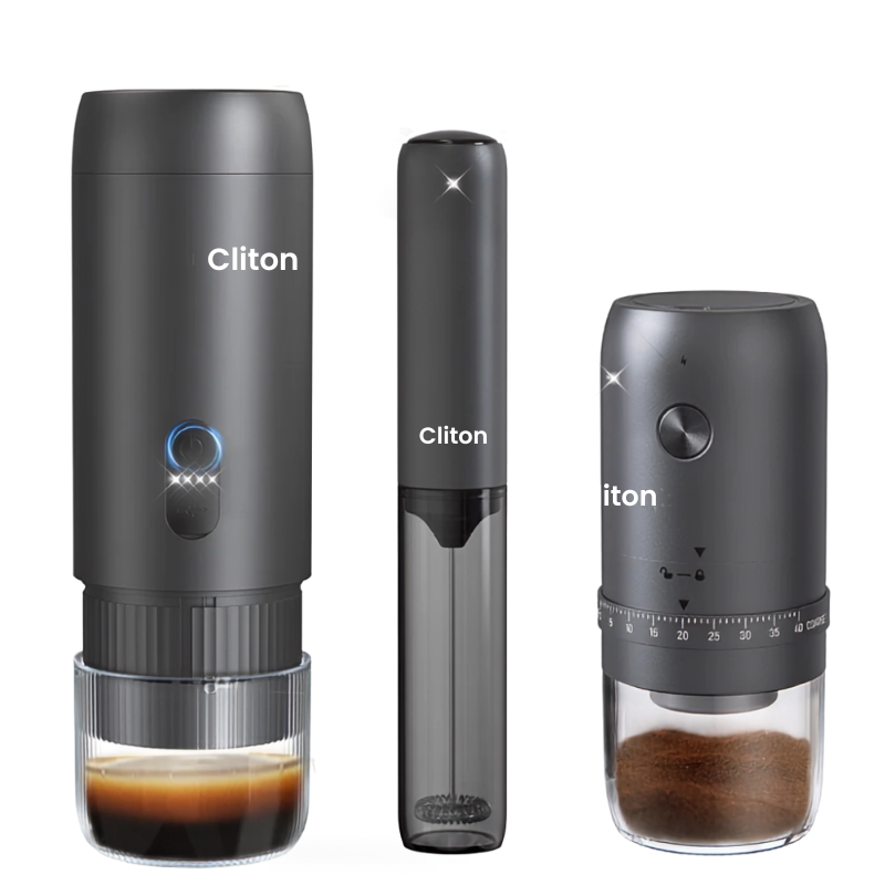 Three views of a Cliton portable electric coffee grinder in dark gray, showing the main body with brewed espresso, a detachable container, and the grinder head with ground coffee, on a white background.