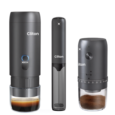 Three views of a Cliton portable electric coffee grinder in dark gray, showing the main body with brewed espresso, a detachable container, and the grinder head with ground coffee, on a white background.