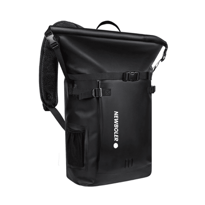 A black waterproof backpack with a roll-top closure, side pocket, and white 'NEWBOLER' branding, shown on a plain white background.