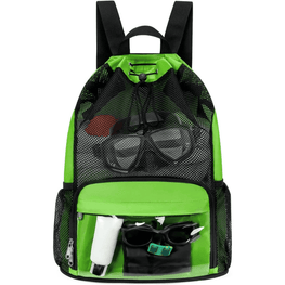 A bright green and black mesh drawstring backpack shown against a plain white background, filled with travel accessories like sunglasses, a tube, and a small bottle.