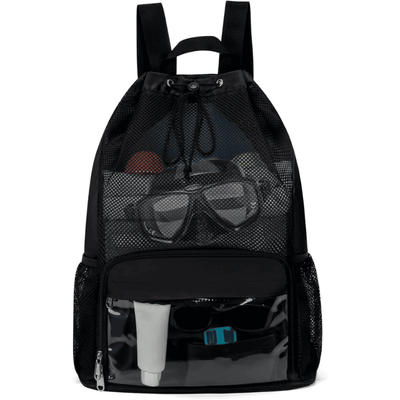 A black mesh drawstring backpack with a clear front zip pocket, shown filled with travel items like swim goggles, a tube, and sunglasses against a white background.