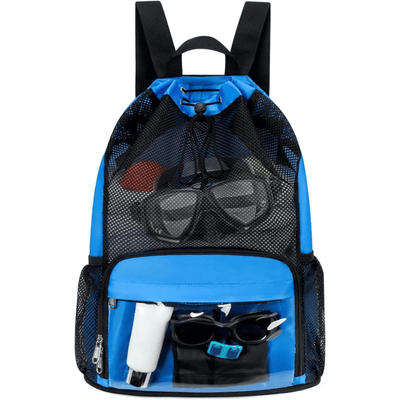 A blue and black mesh drawstring backpack shown against a plain white background, filled with swim accessories including goggles, a tube, and a small bottle.