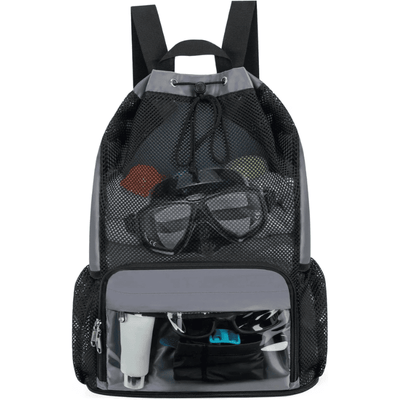 A black and gray mesh drawstring backpack with a clear front zip pocket, shown on a white background with various items packed inside.