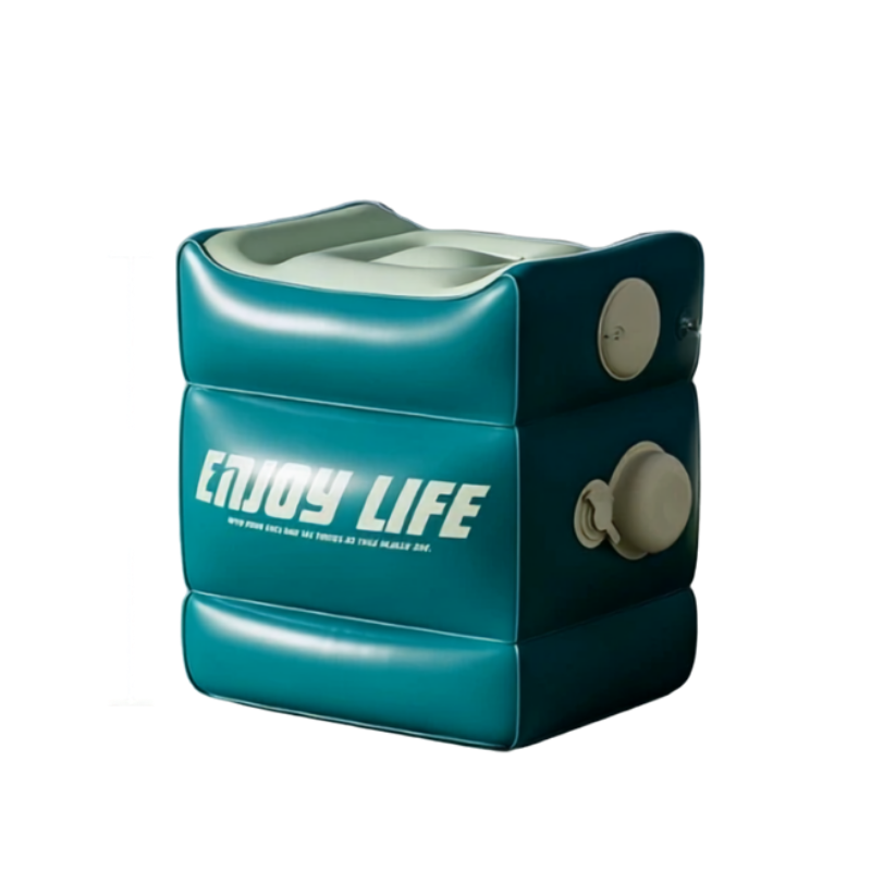 An inflatable pool float cooler in teal and dark teal, featuring the text 'ENJOY LIFE' in white on the front, with two circular beige drain valves on the side, set against a plain white background.