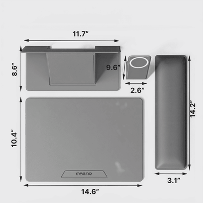 A gray desk pad set with dimension annotations on a light gray background. The set includes a large rectangular desk mat, a smaller rectangular desk mat, a cylindrical cup holder, and a long rectangular tray, with measurements in inches.