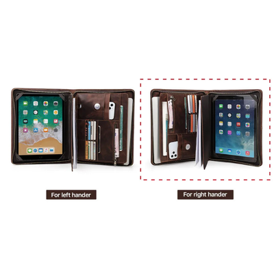 Two views of a brown leather tablet wallet case shown open on a white background, with an iPad inside and labels indicating left-handed and right-handed layouts.