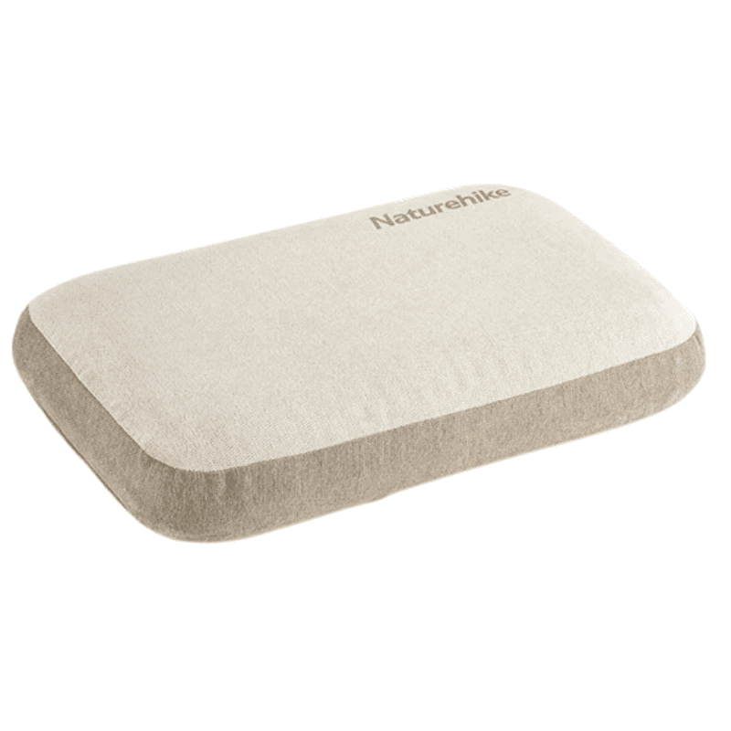 A rectangular travel pillow by Naturehike with a light gray top surface and an olive green fabric side and bottom edge, shown on a clean white background.