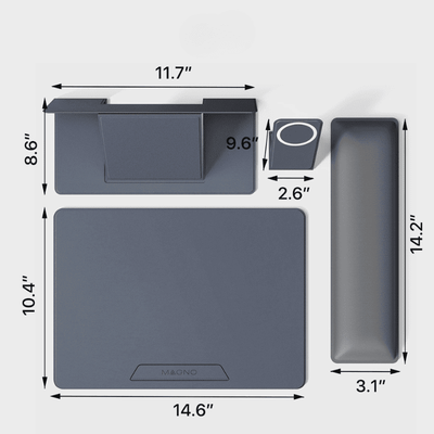 Dark gray desk accessories set with dimension labels, including a rectangular pad measuring 14.6 by 10.