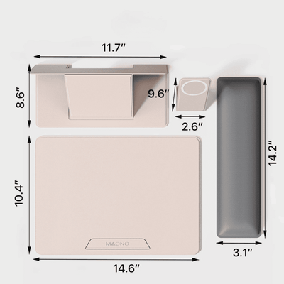 Product dimensions diagram showing a bathroom vanity set with a blush pink sink tray, matching soap dish, small cup, and a dark gray rectangular accessory, labeled with measurements on a light background.