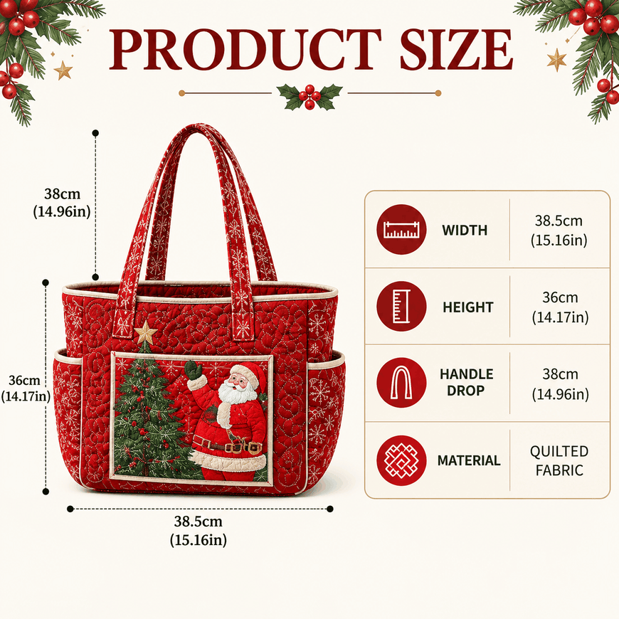 Christmas Santa Quilted Tote Bag – Multi-Pocket Shoulder Handbag