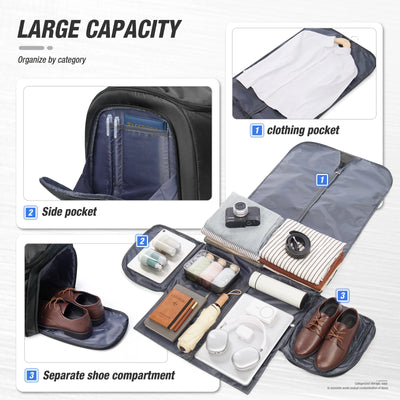 Multifunctional travel organizer with clothing pocket, side pocket, and separate shoe compartment.