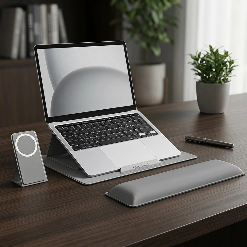 A dark gray multi-piece ergonomic desk pad set on a solid white background, including a desk mat with an integrated stand, a matching wrist rest, a rectangular mouse pad, and a small square pad with a circular cutout.