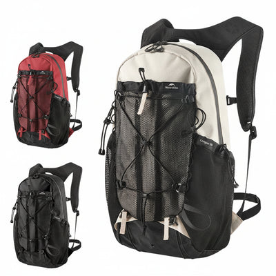 Three outdoor backpacks from Naturehike are shown on a white background: a large cream and black backpack in the foreground, a red and black backpack in the upper left, and a black backpack in the lower left. The Naturehike logo appears at the top.