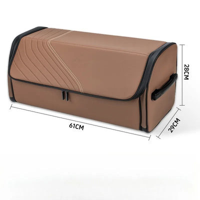 A brown rectangular storage bag or organizer with black trim and handles, shown on a white background with dimension labels indicating 61 cm length, 28 cm height, and 29 cm width.