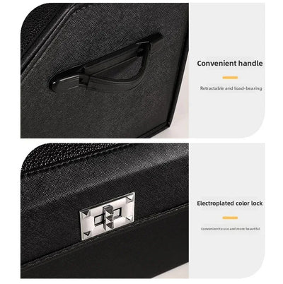 Close-up product details of a black textured bag or case, showing a black retractable handle and a silver electroplated lock, with text callouts on a white background.