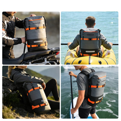 Collage of a person using a backpack with orange accents in various outdoor scenarios.