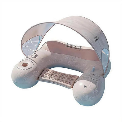 A modern, ergonomic massage chair with a curved canopy, dual spherical headrests, and a textured massage pad, shown on a solid white background.