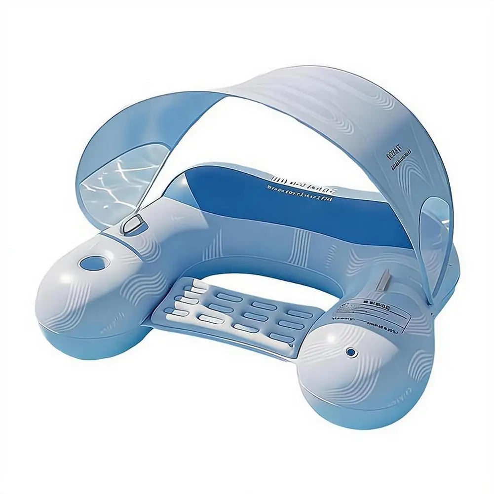 A light blue inflatable pool float with an integrated sun canopy, textured seat, and side armrests, shown on a plain white background.