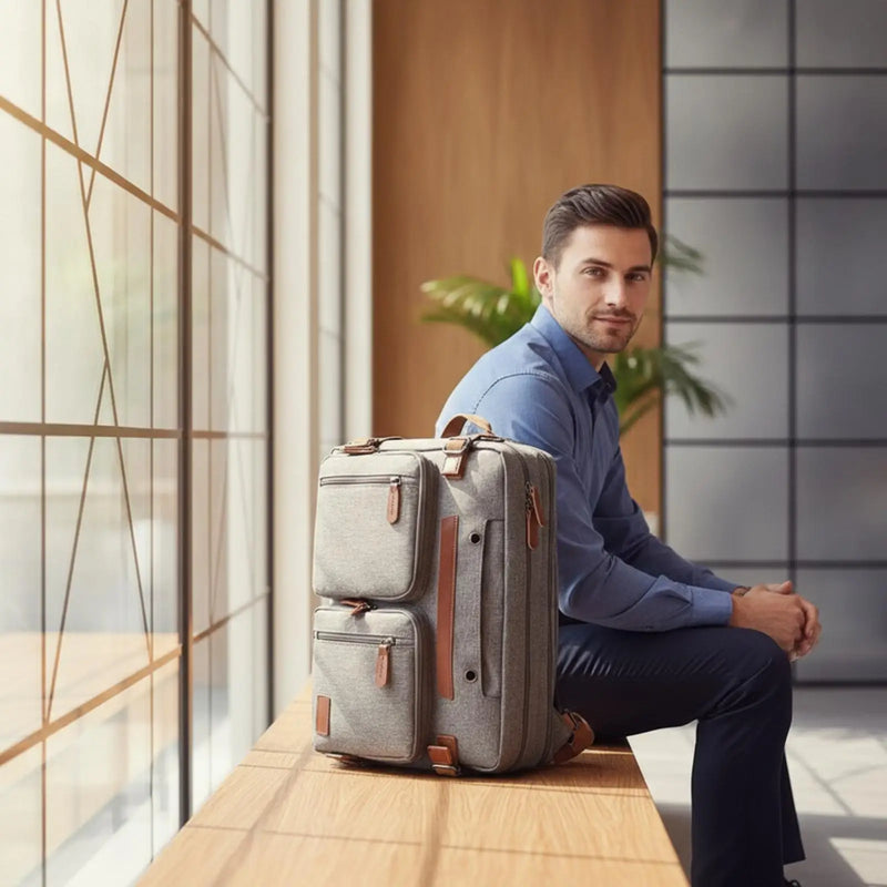 A black nylon backpack with brown faux-leather accents, shown on a clean white background. The backpack features multiple zippered compartments, a vertical brown handle, and adjustable shoulder straps.