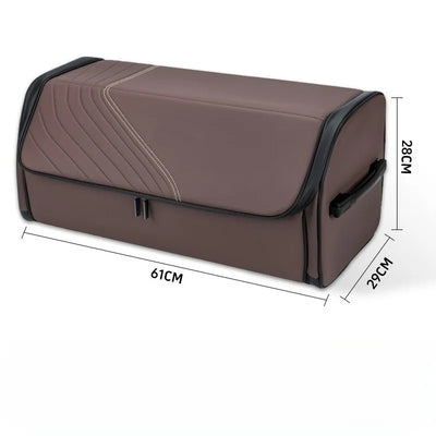 A brown storage trunk or bench with black trim, shown with dimension lines indicating measurements of 61cm length, 28cm height, and 29cm width on a white background.