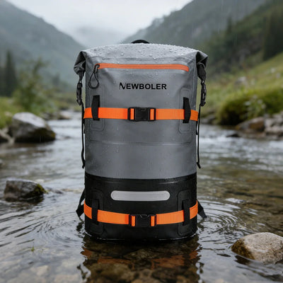 Gray and black backpack with orange accents on a mountain stream background