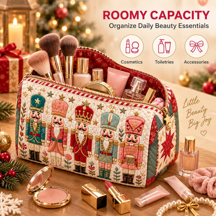 A festive quilted makeup bag with embroidered nutcracker figures sits open on a wooden table, filled with cosmetics and toiletries. The scene includes holiday decorations, wrapped gifts, and beauty products, with promotional text reading 'ROOMY CAPACITY' and 'Organize Daily Beauty Essentials.