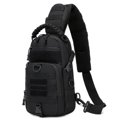 Black tactical sling bag on a white background