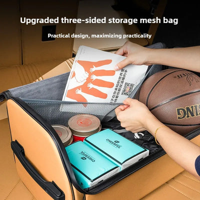 An open tan suitcase or duffel bag with a gray three-sided mesh storage organizer inside, being filled by a person. Visible items include a basketball, a white paper sheet with orange hand graphics, and two light blue packages labeled CHERISE.