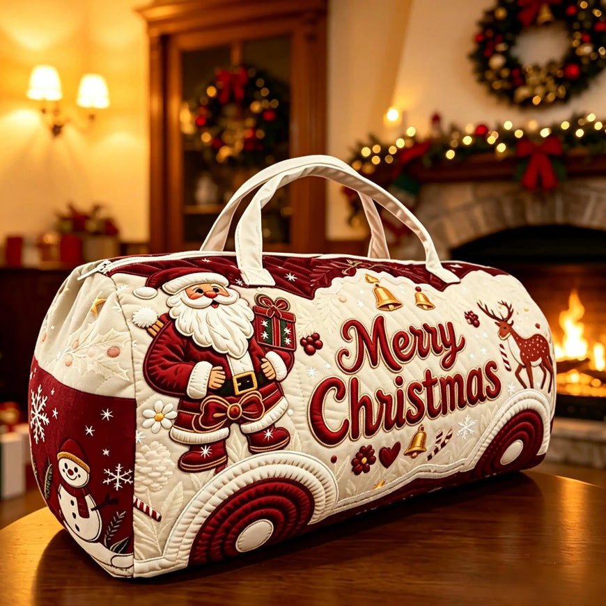 A Christmas-themed duffel bag with a quilted white and deep red design, featuring an embroidered Santa Claus, reindeer, snowman, bells, and the words 'Merry Christmas' on a wooden table in a warm, decorated living room.