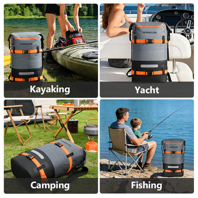 Collage of a Newboler backpack used for kayaking, yacht, camping, and fishing activities.