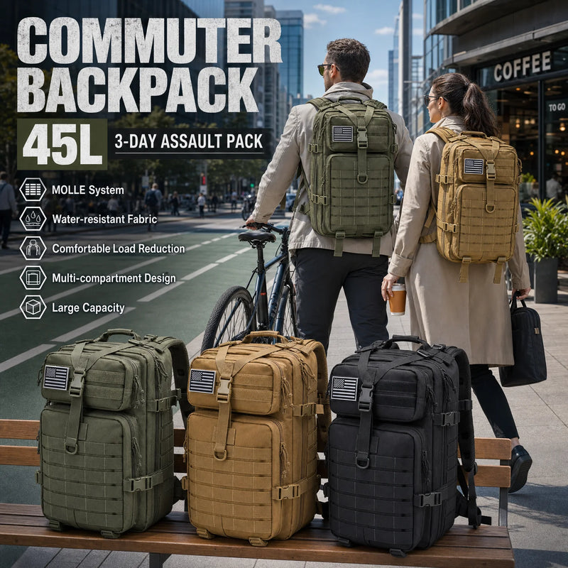 An olive green tactical backpack with multiple zippered compartments, MOLLE webbing, and an American flag patch on the front, shown against a plain white background.