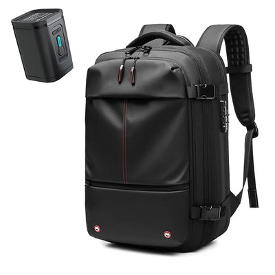 Black backpack with a small black device on a white background