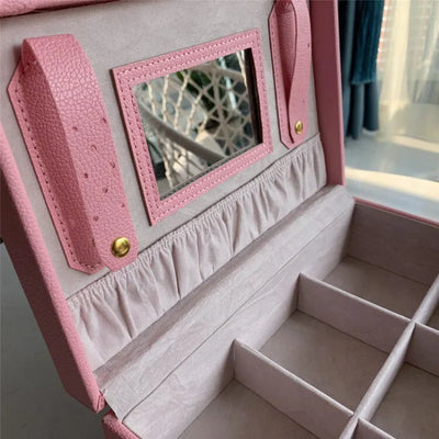 Leather Travel Jewelry Box with Mirror – Double-Layer Jewelry Organizer