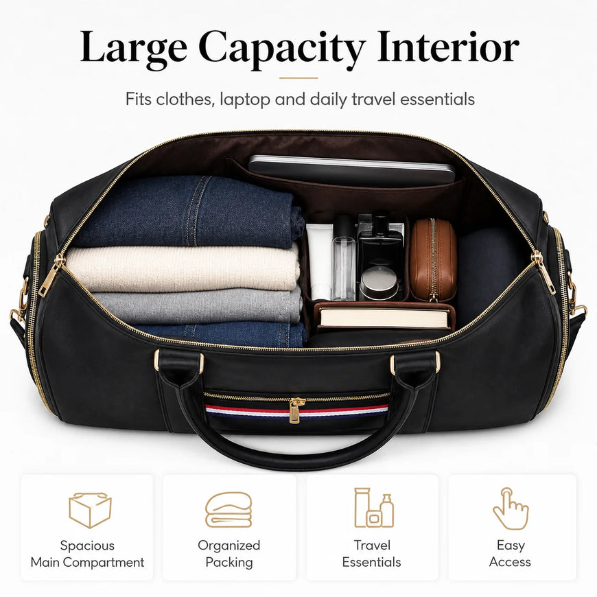 An open black duffel bag with gold-tone zippers and handles, shown filled with folded clothes, toiletries, and accessories to demonstrate its large capacity. Text at the top reads 'Large Capacity Interior' and there are four feature icons at the bottom describing spacious main compartment, organized packing, travel essentials, and easy access.
