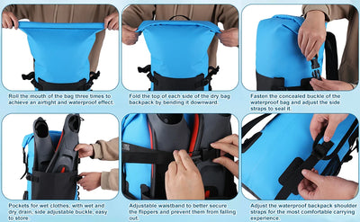 Step-by-step guide on how to use a waterproof backpack with dry bag feature.