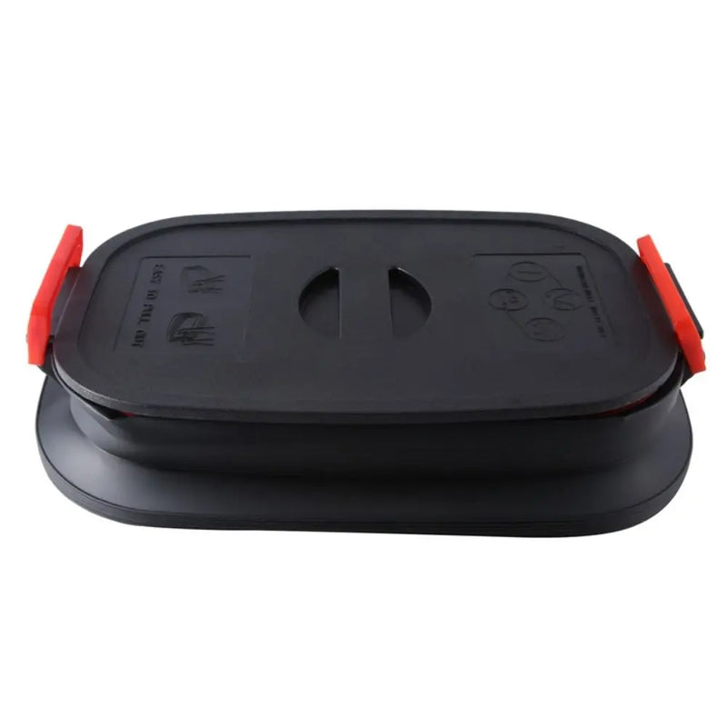 A black collapsible silicone container with a red inner rim and red latch handles, shown on a plain white background.