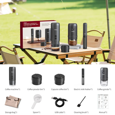 Coffee-making set with coffee machine, grinder, and other accessories on a table outdoors.