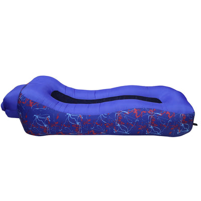 An inflatable sleeping pad by Otautau, shown in a blue color with a red and white abstract pattern. A small inset in the top right shows the pad being worn by a person.