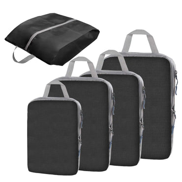 Four black packing cubes with gray handles and trim, shown in ascending size order, with a smaller matching zippered bag floating above them on a plain white background.