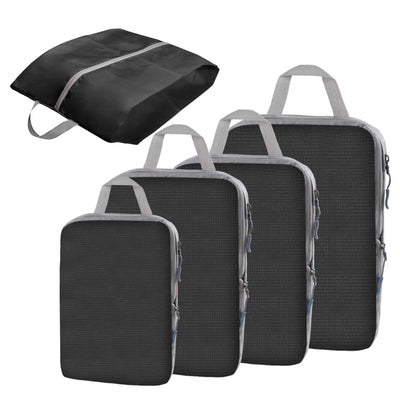 Four black packing cubes with gray handles and trim, shown in ascending size order, with a smaller matching zippered bag floating above them on a plain white background.