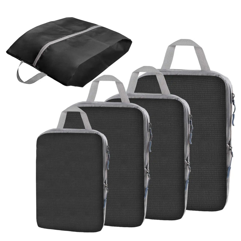 A set of beige packing cubes and a matching zippered sleeve with gray zippers and handles, shown on a plain white background.