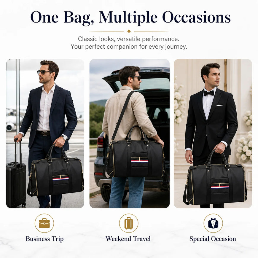 Promotional graphic for a black duffel bag shown in three lifestyle panels with men wearing suits, one by a suitcase at an airport, one by an open car trunk, and one in formal wear holding the bag. Text at the top reads 'One Bag, Multiple Occasions' with icons below for Business Trip, Weekend Travel, and Special Occasion.