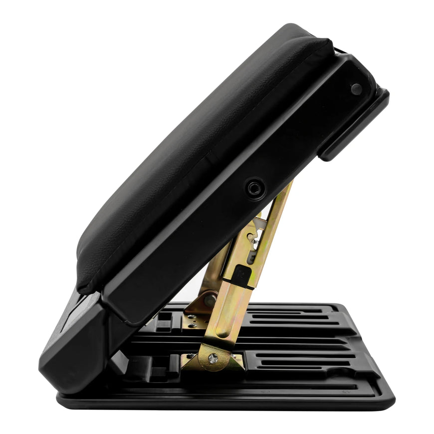 Black metal floor jack on a white background