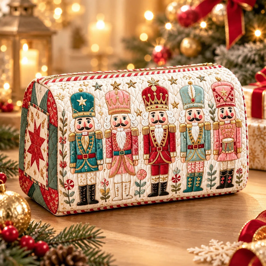A quilted Christmas nutcracker-themed storage box or bag with embroidered nutcracker figures, set on a wooden surface with a warm, festive holiday background.