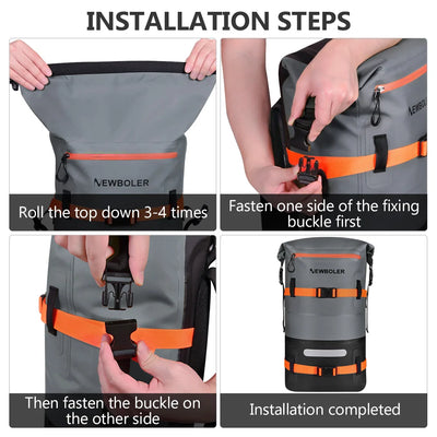 Step-by-step installation guide for a gray backpack with orange accents, featuring the brand 'NEWBOLER'.